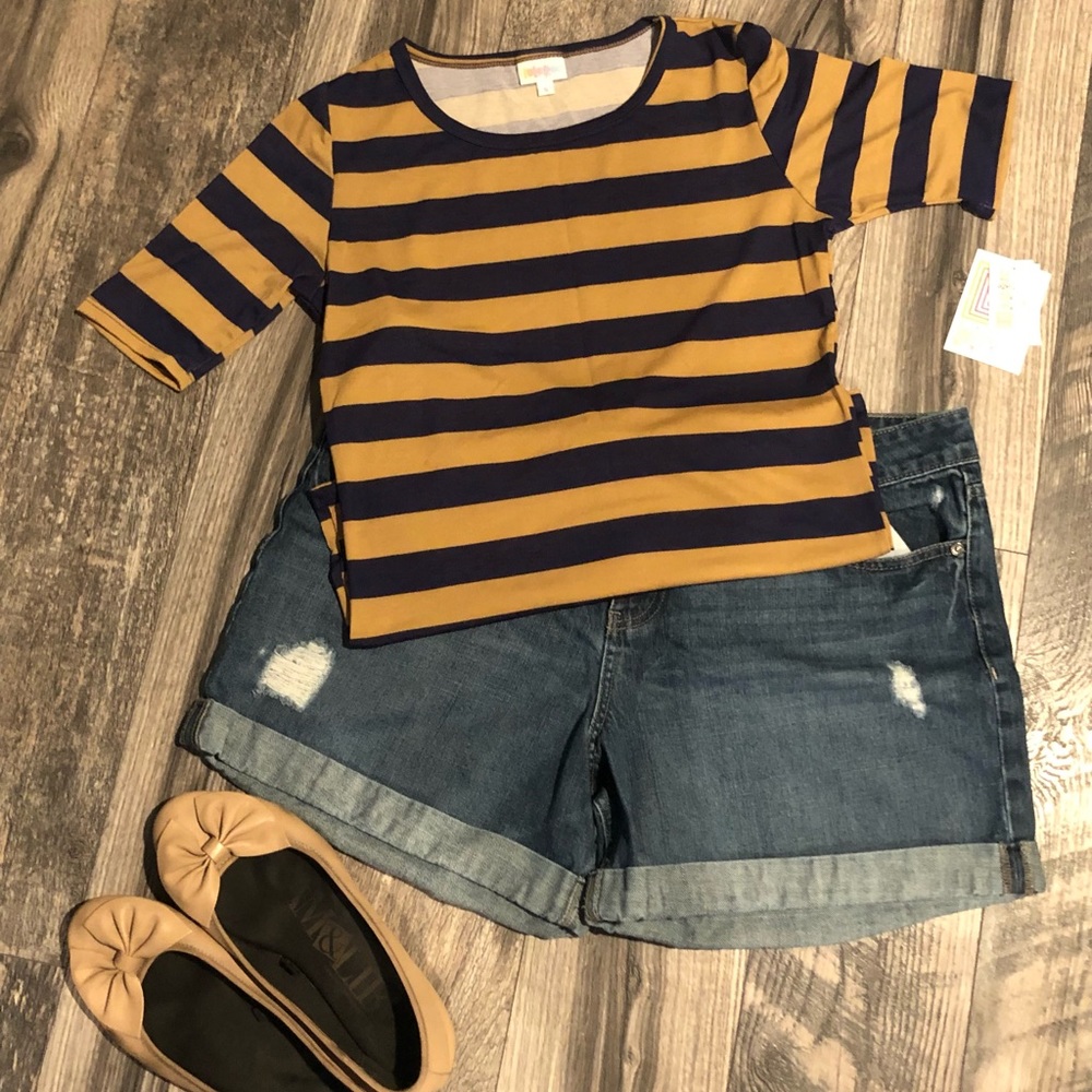 New with tags, gold and navy blue striped top.